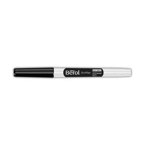 The Berol washable drywipe range marker pens are formulated for use on most leading brands of non-absorbent drywipe boards. Tough, broad nibs make these ideal for the rigours of academic use. Low odour ink. Ventilated cap for safety. Line width 1.6mm. This pack contains 12 black markers.