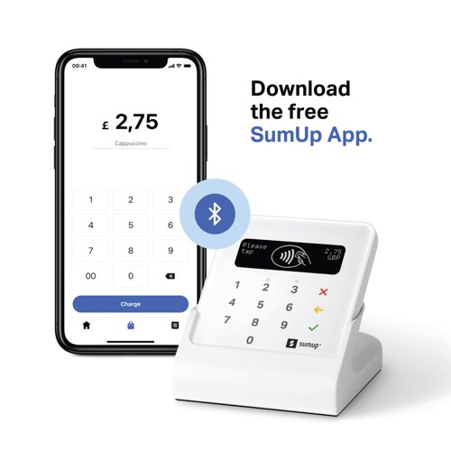 BRI42254 | The perfect combination for growing businesses, the SumUp Air Card Reader and Charging Station accepts payments in-store or on the go, accepting all major debit and credit cards as well as Google, Samsung and Apple Pay. Keeping fully charged with the Air Charging Station while showing clients that card payments are accepted. No fixed costs required, paying per transaction without activation fees, fixed costs, or contractual obligations.