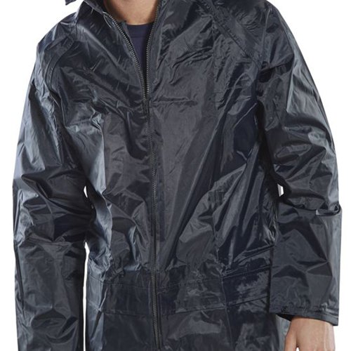 The Beeswift Nylon B-Dri Weather Proof Jacket is made from lightweight nylon with a PVC coating on the inside. The jacket features a zip front, concealed hood, lower front pockets with flap, studded cuffs, hip drawcord with fully taped seams.