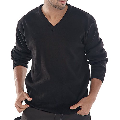 The Beeswift Click acrylic V-neck military style security sweater. Presents a smart and professional appearance. The V-neck allows for a shirt and tie to be visible for a more formal look if required. Made with thick 100% acrylic material for added warmth and comfort.