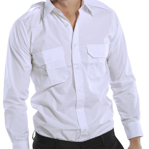 Long sleeved pilot shirt made from 65/35% polycotton. Featuring shoulder epaulettes, two breast pockets with button fasteners and stiffened collar.