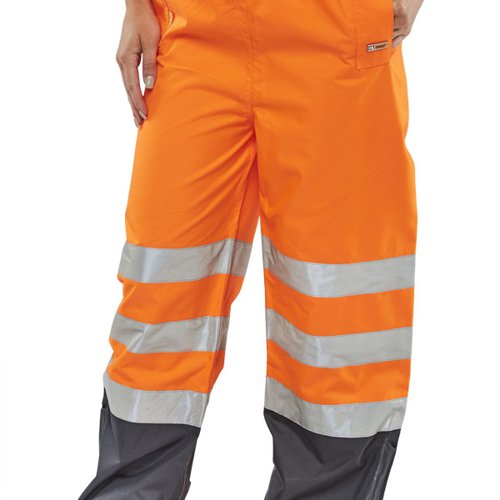 Belfry two-tone breathable over Trousers made from 100% polyester with breathable PU coating. Features elasticated waist, 30cm gusset at ankles with hook and loop closure, 2xside access pockets, fully taped seams and retro-reflective tape. Conforms to EN ISO 20471 High Visibility and EN 343 class 3 resistance to water penetration and breathability. Machine washable at 40 degrees C up to a maximum of 25 cycles.