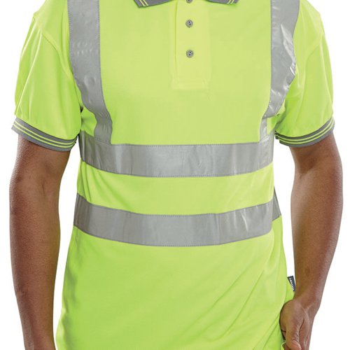 Beeswift short Sleeve High Visibility polo shirt made from 100% polyester Bird Eye fabric. Features 3 button placket, grey trim to collar and cuffs and retro-reflective tape. Machine washable at 40 degrees C up to a maximum of 25 wash cycles.
