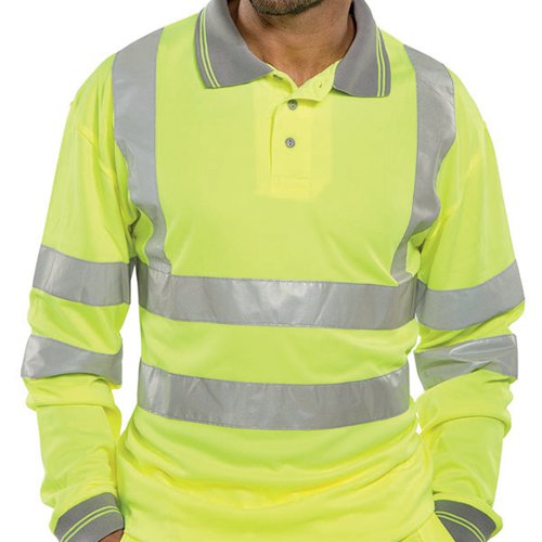 Beeswift High Visibility long Sleeve polo shirt made from 100% polyester Bird Eye fabric. Features 3 button placket, grey trim to collar and cuffs and retro-reflective tape. Available in sizes S - 5xL. Machine washable at 40 degrees C up to a maximum of 25 wash cycles.