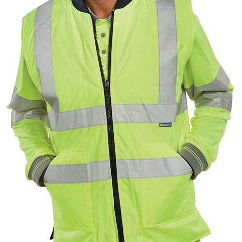 Reversible interactive bodywarmer with PU coating to High Visibility side and grey polycotton lining on reverse. Features a heavy duty zip and two zipped pockets on both sides to keep personal belongings secure plus a mobile phone pocket on quilted side. Machine washable at 40 degrees up to a maximum of 25 wash cycles.