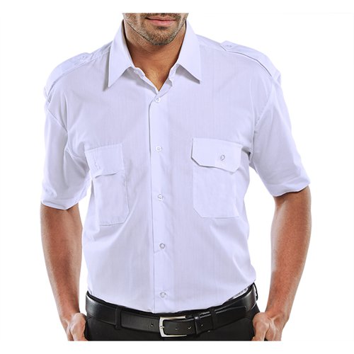 Short sleeved pilot shirt made from 65/35% polycotton. Featuring shoulder epaulettes, two breast pockets with button fasteners and stiffened collar.