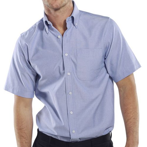 Short sleeve shirt made from easy-care 70% cotton and 30% polyester. Features semi-fitted styling, button down collar, left breast pocket, curved hem and back yoke with two pleats. Wrinkle resistant finish.