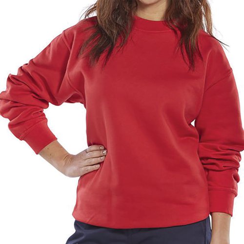 This crew neck sweatshirt is made from 300gsm polycotton fabric with a fleece inner for warmth. Ribbed cuffs and waistband keep the wearer warm. Machine washable at 40 degrees C.