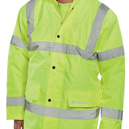 Beeswift Constructor High Visibility Jacket is made from PU coated polyester with a quilted lining with heavy weight (160gsm) polyester filling. The jacket has a concealed hood, two-way heavy duty zip front with storm flap and security pocket. It also features 2 lower pockets with flaps, inside breast pocket, knitted storm cuffs, internal Wicking strip, fully taped seams and reflective material. Conforms to EN ISO 20471 Class 3 High Visibility. Conforms to EN 343 Class 3 Water Penetration Class 1 Air Permeability.