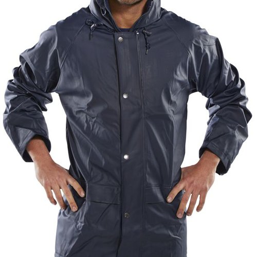Beeswift Super B-Dri Weather Proof Jacket has a concealed hood, full zip front with double storm flap and self double yoke back. The jacket features lower pockets with flap, elasticated wind cuffs, stitched and welded seams. Made from Polyester with PU coating.