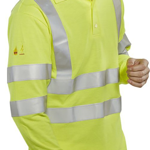 Beeswift Fire Retardant High Visibility Anti-Static Long Sleeve Polo Shirt made with Protex-M inherently fire retardant AS fabric. EN ISO 20471 2013 Class 3 High Visibility. EN ISO 11612: 2008 A1. B1. C1 - Protection against heat and flame. EN 1149-5: 2008 (EN 1149-3: 2004) - anti-static - Material performance and design requirements. Features ribbed cuffs and 3 button placket. Protex-M inherently fire retardant AS fabric. For industrial workers exposed to heat. Not suitable for fire fighters.