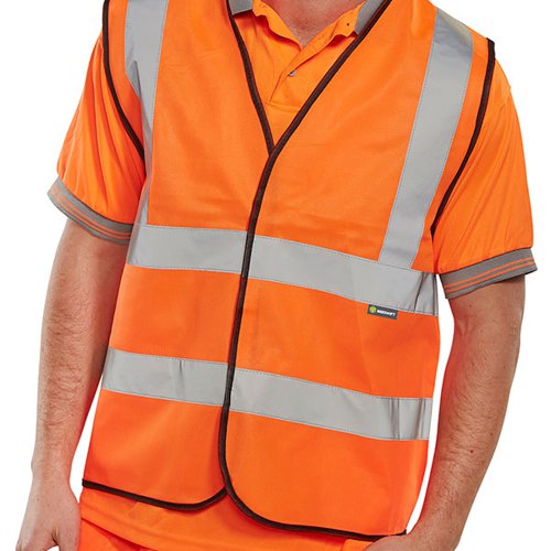 This High Visibility waistcoat is made from 100% polyester. It has retro-reflective tape for greater visibility and hook and loop fastening. Machine washable at 40 degrees C up to a maximum of 25 wash cycles.