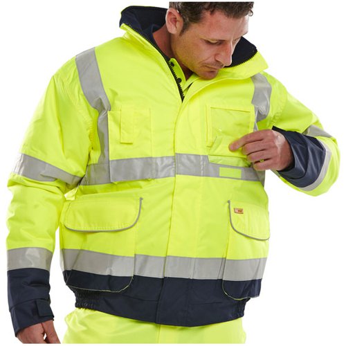 Beeswift Two Tone High Visibility Bomber Jacket with Concealed Hood Saturn Yellow/Navy Blue XS