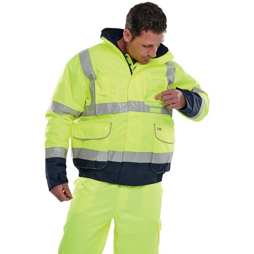Beeswift Two Tone High Visibility Bomber Jacket with Concealed Hood Saturn Yellow/Navy Blue XS
