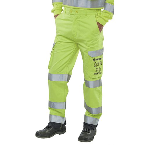 BSW22568 | Fire Retardant, High Visibility, Anti-static, ARC Flash cargo style trousers made from 300gsm 60/40 Modacrylic/cotton blend. Features 7 belt loop part elastic waistband with double button closure, 6 pockets and retro reflective tape. EN ISO 13688:2013, EN ISO 20471:2013, EN 1149-3:2004, EN 1149-5:2008, EN ISO 11611:2015, EN ISO 11612:2015, Arc flash IEC 61482-2:2009 and EN 61482-1-1:2009.