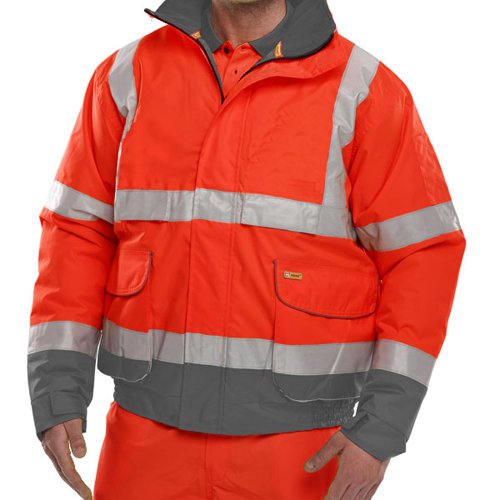 BSW24644 | The Beeswift Two Tone High Visibility Bomber Jacket benefits from knitted storm cuffs, a concealed hood and retro-reflective tape. It is made from heavyweight 100% polyester with a PU coating. Featuring 300 Denier outer fabrics with sewn on tape, two-way heavy duty YKK zip, with storm flap, fleece lined collar, 2 lower bellows pockets with flaps, rear hem access for ease of logo applications.