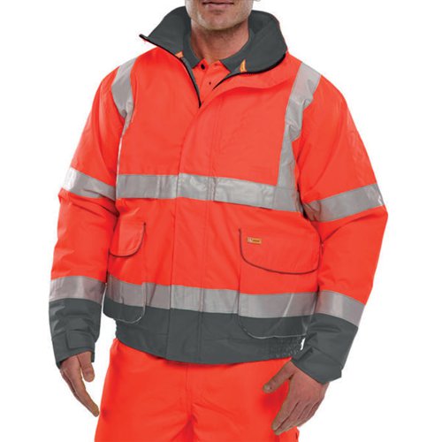 BSW24647 Beeswift Two Tone High Visibility Bomber Jacket with Concealed Hood Red/Grey 2XL