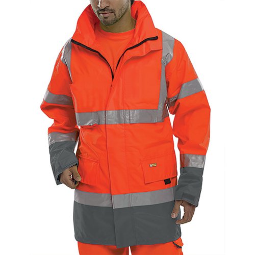 BSW24654 Beeswift Two Tone Detachable Hood Reflective Taped Traffic Jacket Red/Grey XL