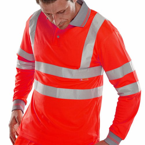 BSW24689 | Beeswift High Visibility long Sleeve polo shirt made from 100% polyester Bird Eye fabric. Features 3 button placket, grey trim to collar and cuffs and retro-reflective tape. Available in sizes S - 5xL. Machine washable at 40 degrees C up to a maximum of 25 wash cycles.