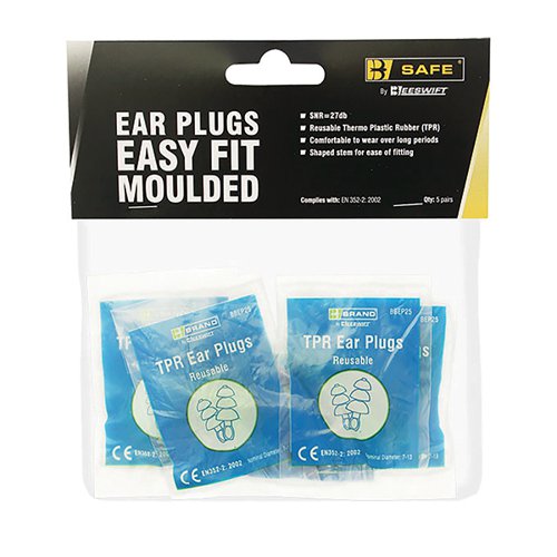 Beeswift Thermo Plastic Rubber Easy Fit Earplugs Packed 1 Pairs Blue (Pack of 5) | BSW27054 | Beeswift