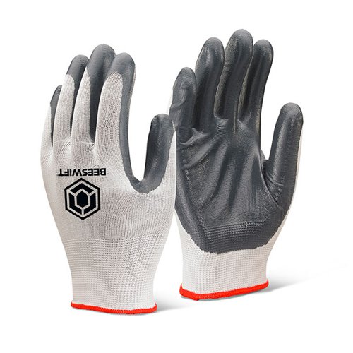 Beeswift Nitrile P/C Polyester Gloves (Pack of 10) Grey S