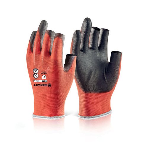 Beeswift Polyurethane Coated 3 Fingerless Gloves (Pack of 10) Red S
