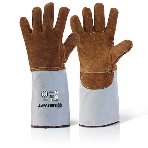 BSW34870 | Premium quality heat resistant gauntlet, Brown/silver split leather, Heat resistant leather palm and back, Vein patch, Wool and canvas lined, 20cm Cuff, Textile edge binding, Reinforced stitching, EN388: 2016, Level 4 - Abrasion, Level X- Cut Resistance, Level 4 - Tear Resistance, Level 3 - Puncture, Level B - ISO 13997 Cut Resistance, EN 407:2004, Level 4 - Burning Behaviour, Level 1 - Contact Heat, Level 3 - Convective heat, Level 2 - Radiant heat, Level X- Small splashes of Molten Metal, Level 2 - Large splashes of Molten Metal.