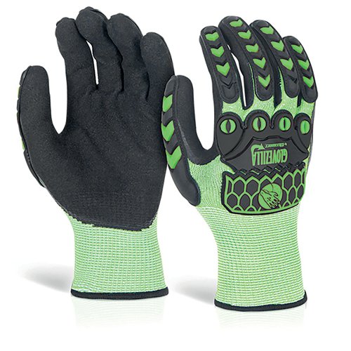 BSW35087 | 13 Gauge. HPPE. Polyester. Glass Fibre Green Liner. 100% Sandy Nitrile Coating. 100% TPR Back of hand protection. Lightweight for maximum dexterity and comfort with sensitivity. Suitable for general assembly handling and engineering applications. EN 388:2016+A1:2018. Level 4 - Abrasion Resistance. Levelx- Cut resistance (Coupe Test). Level 4 - Tear Resistance. Level 3 - Puncture Resistance. Level C - TDM Cut Resistance (ISO 13997). Level P - Impact Protection.
