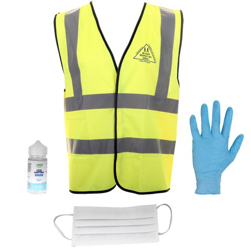 BSW35976 | This back to work kit contains 1 x100ml bottle of hand sanitiser, 3 xthree ply disposable face masks with ear loop fastenings and 3 pairs of powder free and latexfree disposable vinyl gloves.
