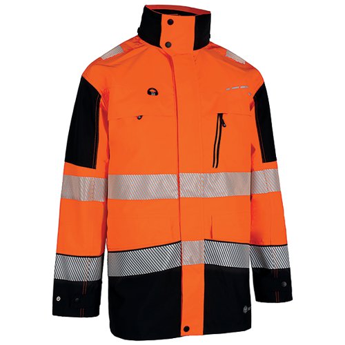 BSW37787 | Deltic Hi-Vis two tone jacket with 75% ripstop polyester and 25% PU laminate, 210gsm fabric weight. Mesh liner enables the Level 4 breathability with Ret of 9.55. Fully taped seams, 60mm segmented tape for greater visibility. Detachable concealed 3 panel fully adjustable hood. Full length heavy duty YKK zip with stud sealed storm flap. Internal wicking strip to reduce water ingress and double studded snorkel with fleece lined neck. Soft touch zip pulls on all zips. Concealed right breast pocket, left breast pocket with laminated water resistance zip. Concealed zip pocket to storm flap and two lower pockets with stud sealed flaps. Two inside pockets, one internal phone pocket. Internal knitted cuffs and external stud adjusters to storm cuffs. D ring hook for security or ID pass. Meets Standards EN ISO20471:2013, Class 3 RIS-3279-TOM Issue 2:2019, EN343:2019 Class 4 Water Penetration, Class 4 Air Permeability.