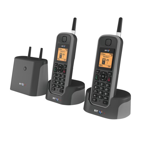 BT61695 | Boasting an exceptional range of up to 1km and outstanding battery-life, the BT Elements 1k Dect allows you the freedom to move around your office, warehouse or even outdoor environments- thanks to reassuring weatherproof technology. These handsets feature a directory with storage capacity for 200 names and automatic number synchronisation with paired handsets. The easily portable charging base assure that you do not have to be tethered to your desk and offers message storage of up to 30 minutes. This set includes two cordless phones and charger units.