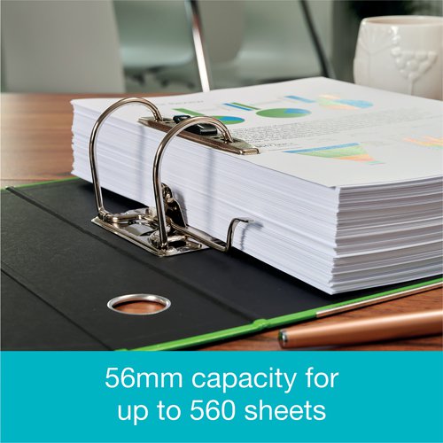 This Oxford file features a standard lever arch mechanism with a 75mm spine for filing A4+ documents. Made from glossy paper covered board for durability, the file has a 56mm capacity which holds up to 560 sheets. Supplied in a pack of one.