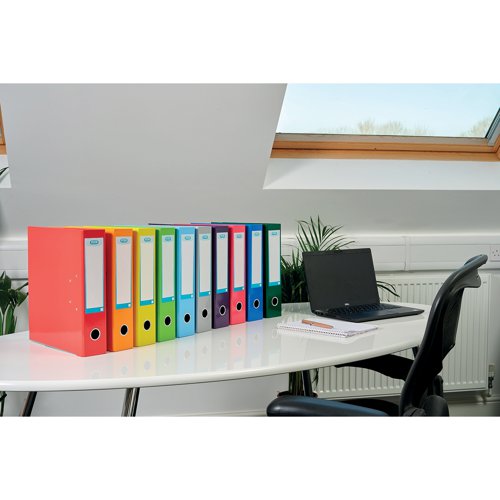 This Oxford laminated A4 lever arch file contains a standard lever arch mechanism, with a 70mm capacity. Yellow laminated paper over board with a high gloss finish. The spine features a thumb hole for easy retrieval from a shelf and a large spine label.