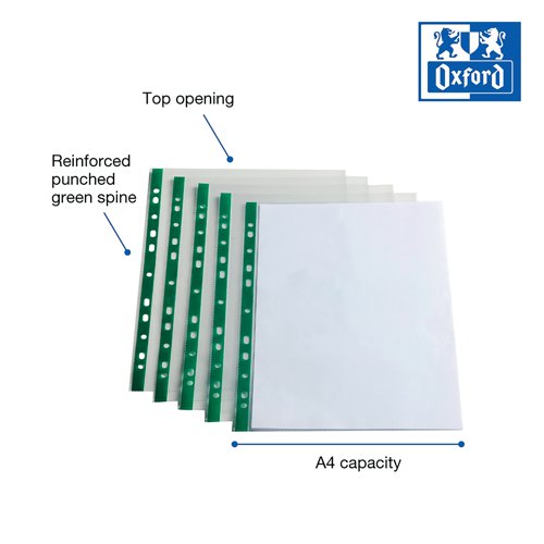 Ideal for storing loose sheets, these document pockets protect your files and projects with a clear design for visibility of documents. They feature green punched spines which are reinforced for easy use in ringbinders and lever arch files. Supplied in a pack of 100 plastic pockets.
