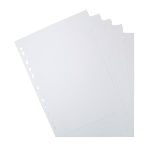 Ideal for everyday filing, these Elba 5-part dividers are made from durable 160gsm manilla for long lasting use. Each divider is multipunched to fit standard ring binders and lever arch files. This pack contains 1 set of A4 5-part white dividers.