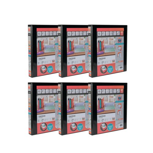 This premium quality Elba Panorama A4 presentation ring binder features clear pockets on the front, back and spine for complete personalisation. Made from hard wearing polypropylene covered board, this 25mm (250 sheet) capacity binder features a 4 D-ring mechanism and is ideal for professional reports, presentations, projects and more. Binder has a 35mm spine width. This pack contains 6 black ring binders.