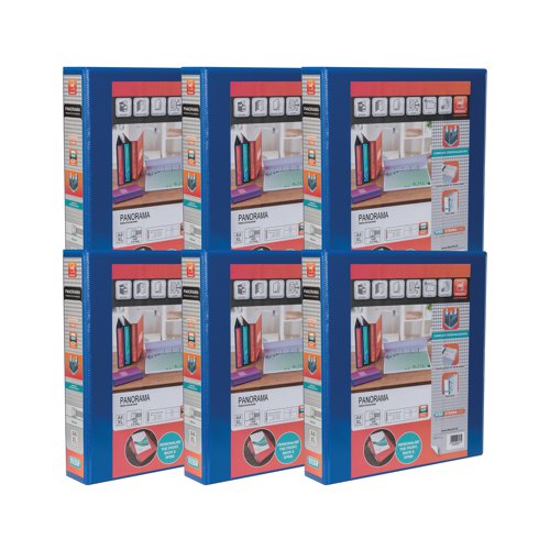 This premium quality Elba Panorama A4 presentation ring binder features clear pockets on the front, back and spine for complete personalisation. Made from hard wearing polypropylene covered board, this 40mm (400 sheet) capacity binder features a 4 D-ring mechanism and is ideal for professional reports, presentations, projects and more. This pack contains 6 blue ring binders.