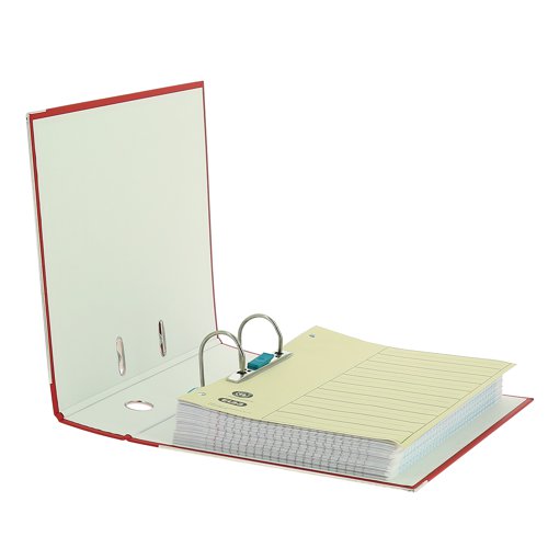 This Elba file features a standard lever arch mechanism with a 70mm capacity for filing A4 documents. Made from strong board, the file features a metal reinforced edge and metal thumb hole for easy retrieval from a shelf. This product is made from 76% recycled materials. This pack contains 10 red lever arch files, ideal for colour coordinated filing.