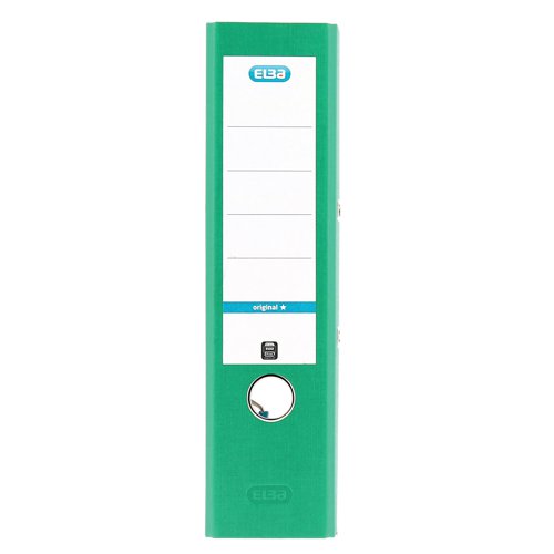 This Elba file features a standard lever arch mechanism with a 70mm capacity for filing A4 documents. Made from strong board, the file features a metal reinforced edge and metal thumb hole for easy retrieval from a shelf. This product is made from 76% recycled materials. This pack contains 10 green lever arch files, ideal for colour coordinated filing.