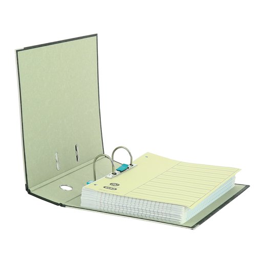 This Elba Lever Arch File, suitable for filing A4 documents. It has a 80mm filing capacity and features a thumb hole for easy retrieval from a shelf and a reinforced bottom edge for long lasting use. The lever arch file is made from durable board with a marbled black paper covering. This pack contains 10 A4 lever arch files.
