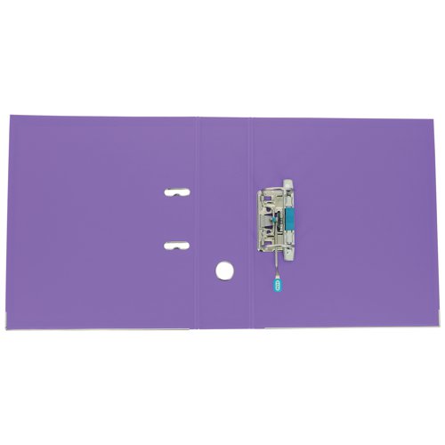 This Elba premium quality plastic A4 file contains a standard lever arch mechanism with a 70mm capacity. The file features a clear slip pocket on the inside front cover for loose sheets and a front cover lock to keep the file securely closed. The file also features durable metal shoes and a thumb hole for easy retrieval from a shelf. This pack contains 1 purple A4 lever arch file.