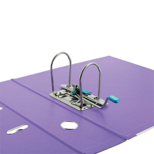 This Elba premium quality plastic A4 file contains a standard lever arch mechanism with a 70mm capacity. The file features a clear slip pocket on the inside front cover for loose sheets and a front cover lock to keep the file securely closed. The file also features durable metal shoes and a thumb hole for easy retrieval from a shelf. This pack contains 1 purple A4 lever arch file.