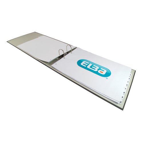 This Elba A3 landscape file features a standard lever arch mechanism with a 70mm capacity. The file is made from high quality board covered with cloud effect paper and features a thumb hole for easy retrieval from a shelf. This black lever arch file also comes with a large spine label for easy identification. This pack contains 1 A3 landscape lever arch file.