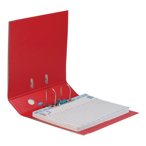 This Elba premium quality plastic A4 file contains a standard lever arch mechanism with a 70mm capacity. The file features a clear slip pocket on the inside front cover for loose sheets and a front cover lock to keep the file securely closed. The file also features durable metal shoes and a thumb hole for easy retrieval from a shelf. This pack contains 1 red A4 lever arch file.