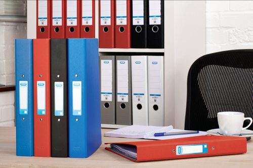 Suitable for filing A4 documents in the office or at home, this Elba ring binder features a standard 2 O-ring mechanism with a 25mm (250 sheets) filing capacity. Ideal for colour coordinated filing, these paper over board binders also come with a spine label for quick identification of contents. This pack contains 10 black A4 ring binders.