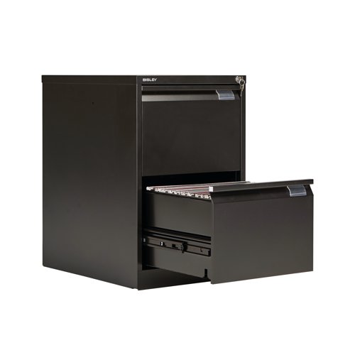 For the security of your paperwork and your peace of mind, this Bisley Black 2 Drawer Filing Cabinet has an anti-tilting device fitted as standard, and a superior locking facility located on the top of the frame. Each drawer has full extension to allow you access to the entire contents quickly and easily, and gives you 20 percent more capacity than standard extension. When closed, this cabinet is flush fronted for simple, convenient placing around your home or office.