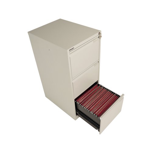 For the security of your paperwork and your peace of mind, this Bisley Grey 3 Drawer Filing Cabinet has an anti-tilting device fitted as standard, and a superior locking facility located on the top of the frame. Each drawer has full extension to allow you access to the entire contents quickly and easily, and gives you 20 percent more capacity that standard extension. When closed, this cabinet is flush fronted for simple, convenient placing around your home or office.