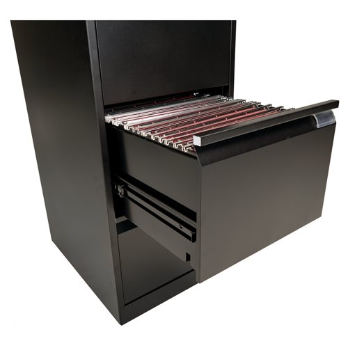 For the security of your paperwork and your peace of mind, this Bisley Black 4 Drawer Filing Cabinet has an anti-tilting device fitted as standard, and a superior locking facility located on the top of the frame. Each drawer has full extension to allow you access to the entire contents quickly and easily, and gives you 20 percent more capacity that standard extension. When closed, this cabinet is flush fronted for simple, convenient placing around your home or office.