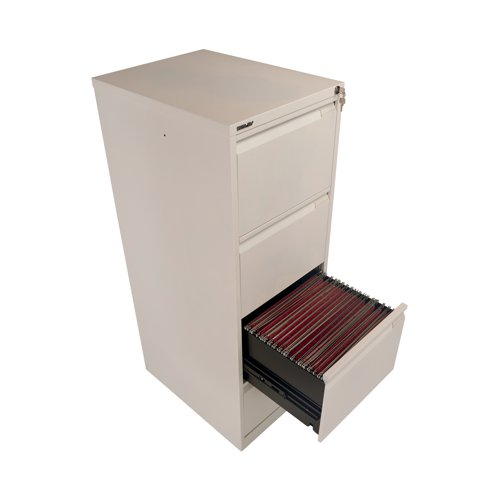 For the security of your paperwork and your peace of mind, this Bisley Grey 4 Drawer Filing Cabinet has an anti-tilting device fitted as standard, and a superior locking facility located on the top of the frame. Each drawer has full extension to allow you access to the entire contents quickly and easily, and gives you 20 percent more capacity that standard extension. When closed, this cabinet is flush fronted for simple, convenient placing around your home or office.