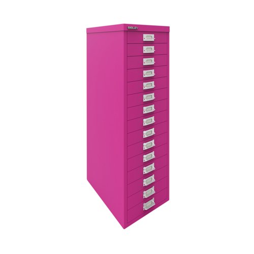 The Bisley 15 Multidrawer Cabinet is a robust and reliable choice for office storage. The smooth running multidrawers are 51mm deep and ideal for A4 filing, or storage of stationery and small items. Measuring 279x380x860mm, this cabinet comes in Fuchsia.